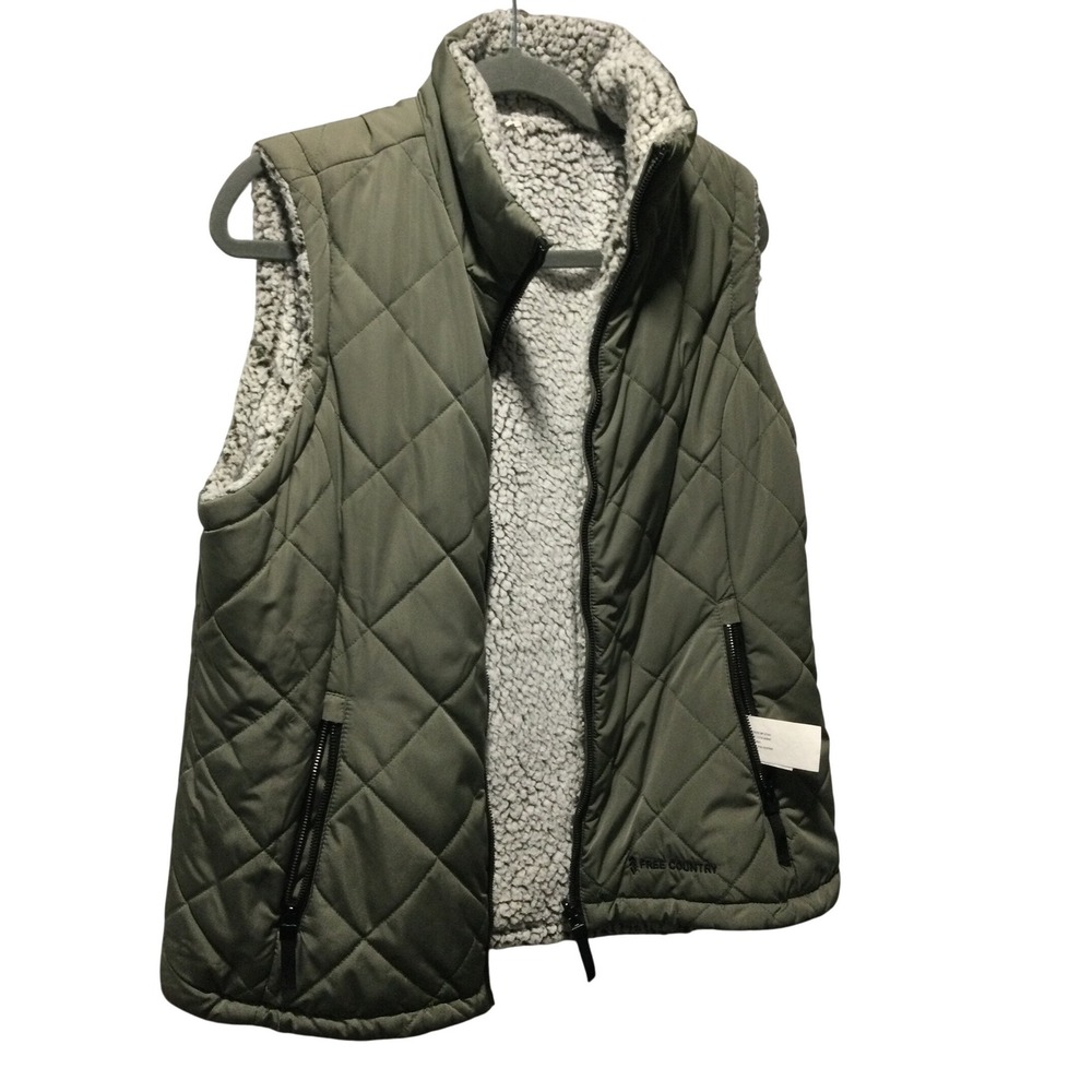Free Country Womens‎ Reversible Quilted Sherpa Vest Olive Green Grey Large
